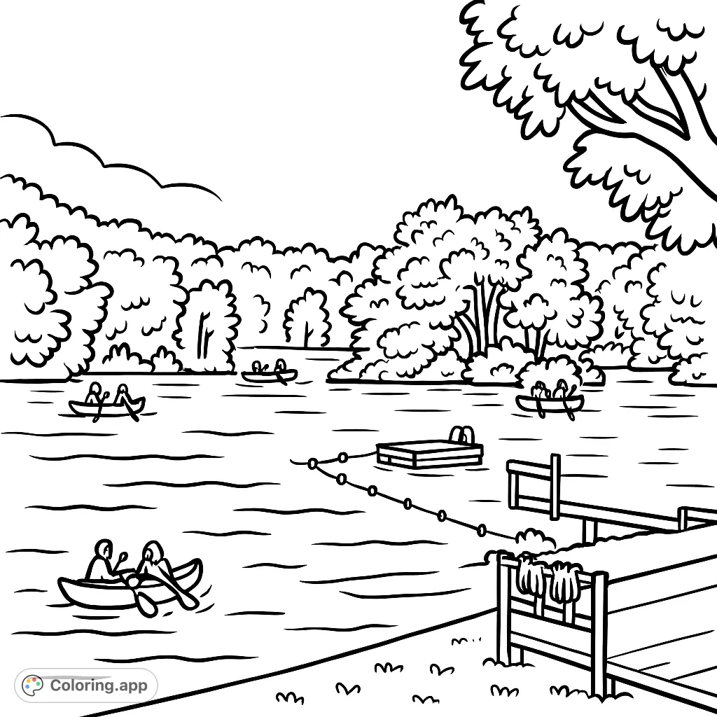 Explore a serene lake scene with boats and a dock, surrounded by lush trees. A perfect nature escape for a free printable lake coloring page.