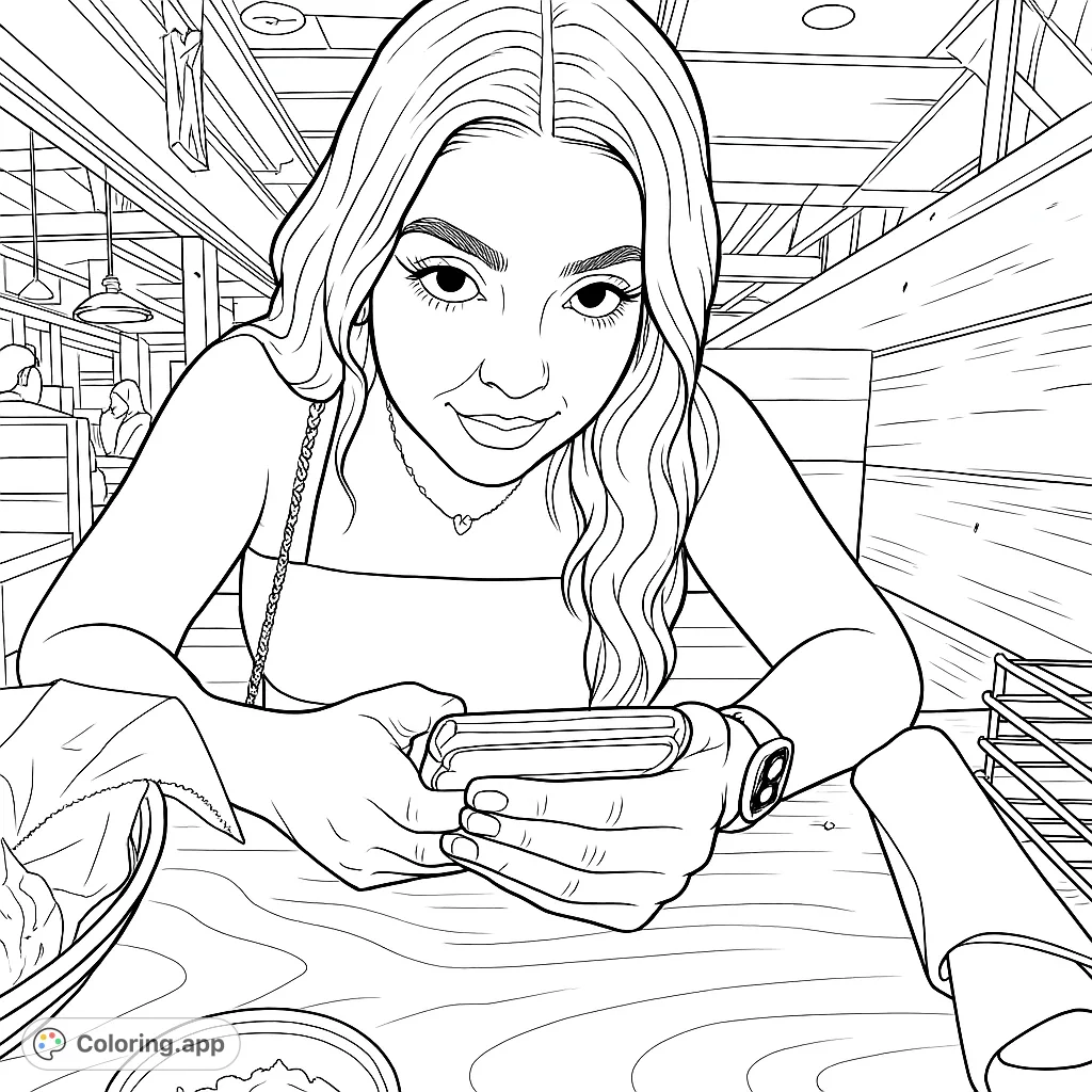 Capture a modern moment with this restaurant table scene. A woman holds her phone, ready for your creative touch. Perfect for relaxation.