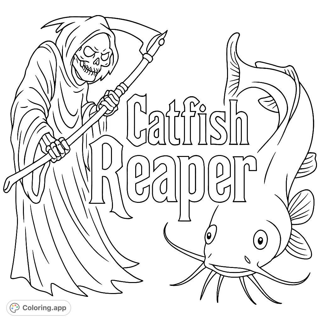 A unique Catfish Reaper design featuring a skeletal figure with a scythe and a stylized catfish, perfect for fishing and gothic theme enthusiasts.