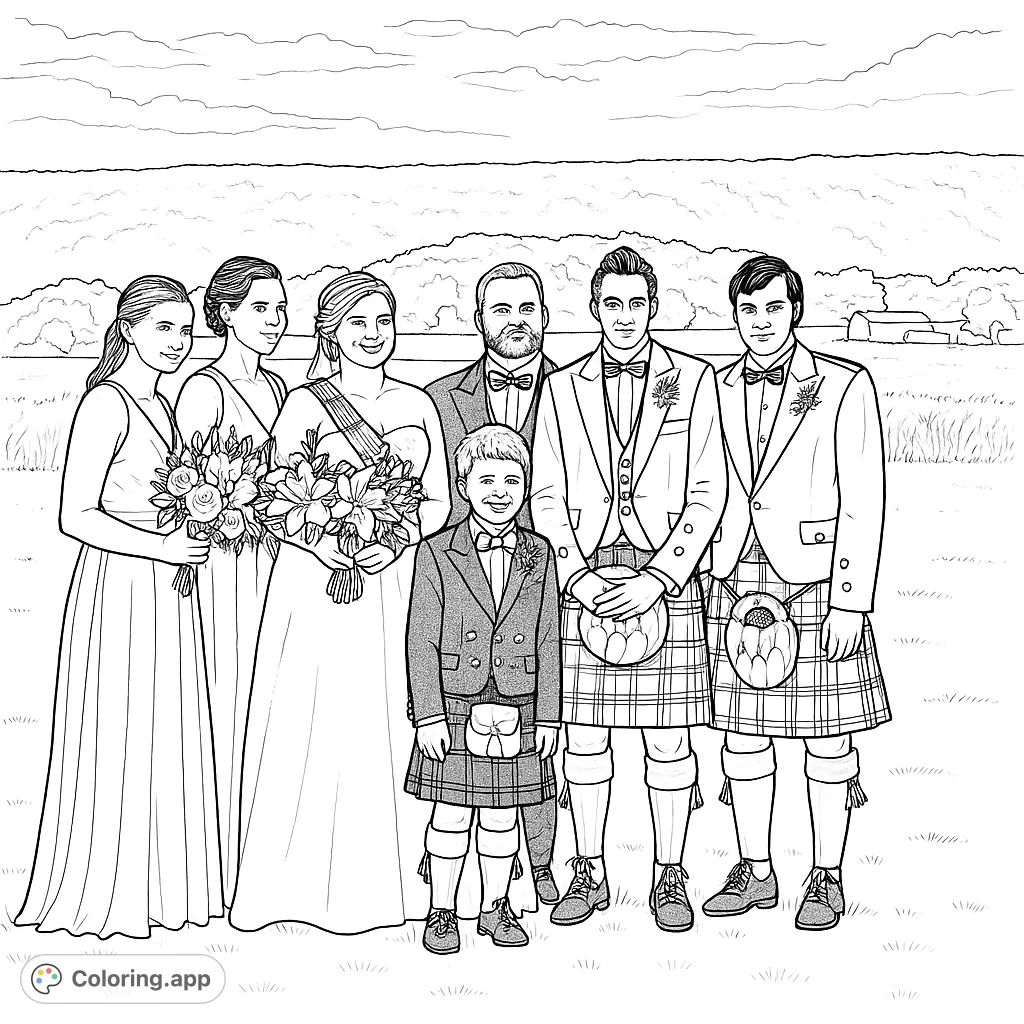 Celebrate special moments with this wedding party coloring page. Features a bride, groom, bridesmaids, and groomsmen in formal attire amidst a scenic outdoor setting.