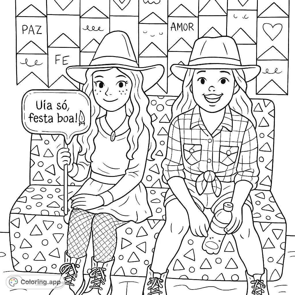 Two cheerful girls in festive attire, seated against a backdrop of playful flags and patterns. A whimsical scene perfect for creative coloring fun!