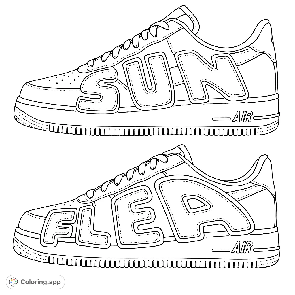 Unleash your creativity with two distinct sneaker designs, featuring bold lettering and intricate details. A must-have free printable footwear coloring page.