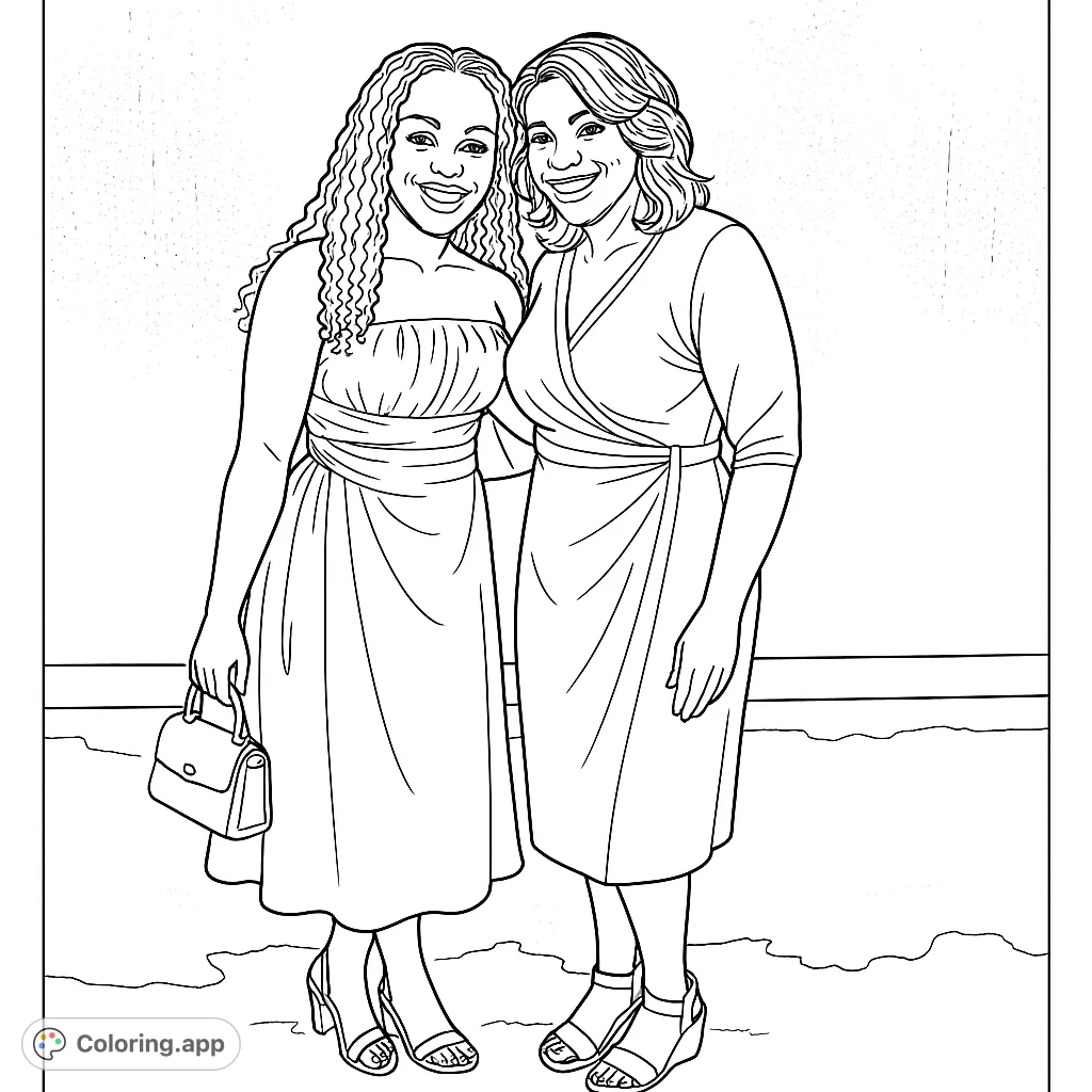 Capture the bond of two elegant women in stylish dresses, perfect for a sophisticated coloring experience.