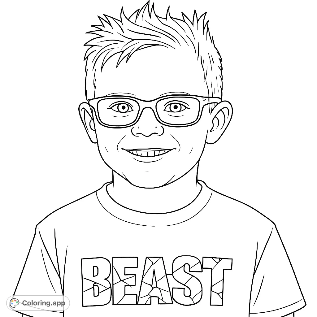 A cheerful child with spiky hair and glasses, wearing a 'BEAST' shirt. A fun and engaging portrait for young colorists.
