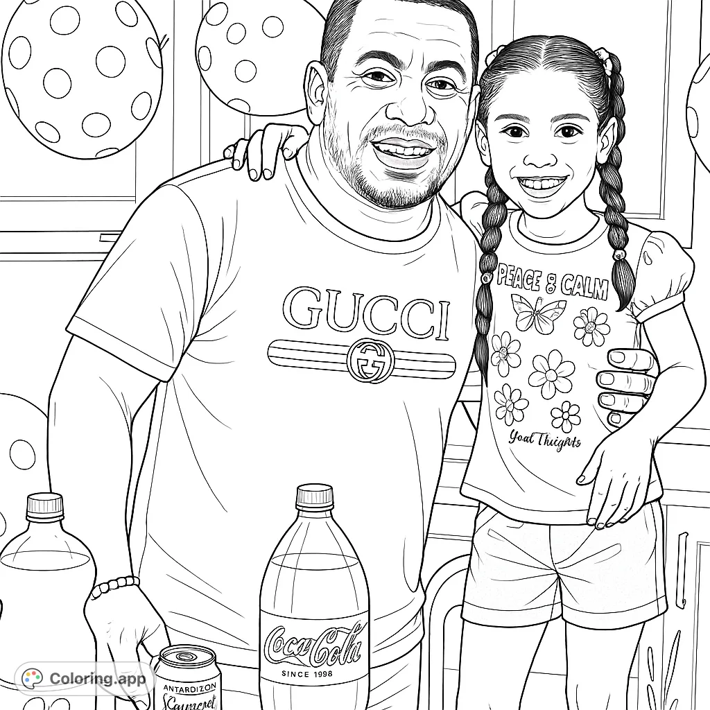 A heartwarming father-daughter celebration scene, perfect for family fun. Features a man and girl smiling amidst festive balloons and party details.