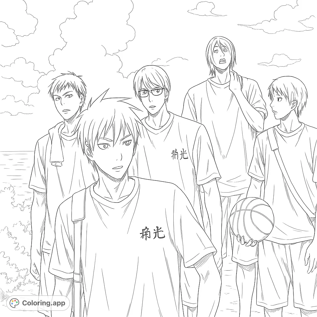 An anime-style group portrait featuring a basketball team in casual attire, set against a bright outdoor backdrop. Perfect for fans of sports anime.