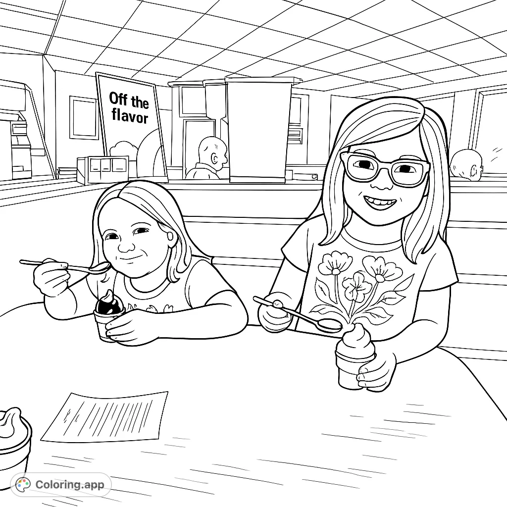 Two happy children enjoy sweet treats at a restaurant table, perfect for a fun dessert coloring page. Free printable for kids and adults!