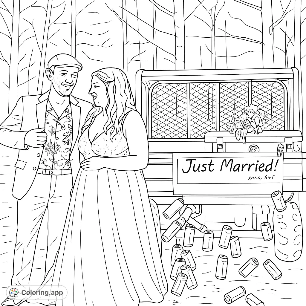 A joyful rustic wedding scene featuring a newly married couple, a 'Just Married' vehicle, and a forest backdrop. Perfect for adult colorists.