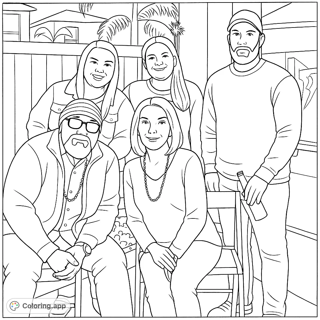 Capture the warmth of a casual group portrait. This free printable coloring page features five individuals, perfect for adding your own personal touch to a friendly gathering scene.