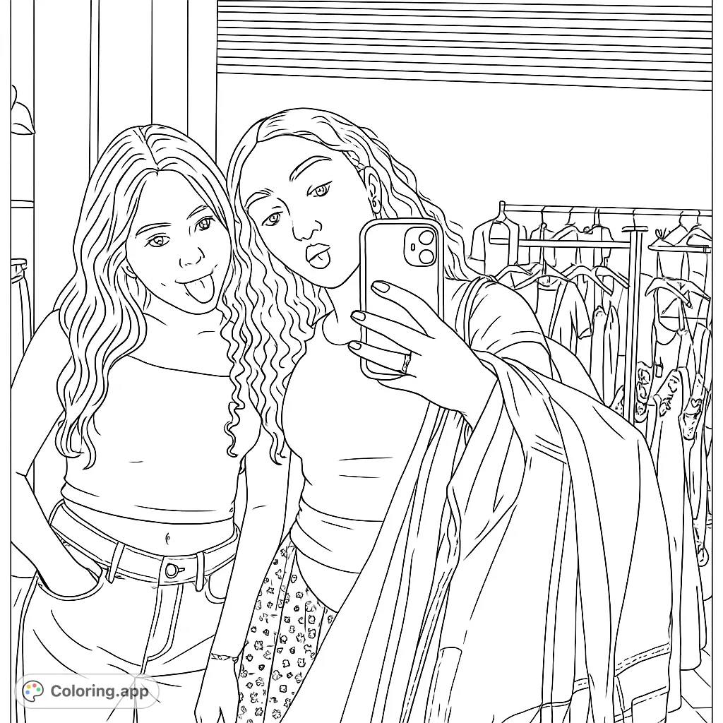 Two friends capture a fun mirror selfie in a clothing store, surrounded by fashion. A trendy scene for creative coloring.