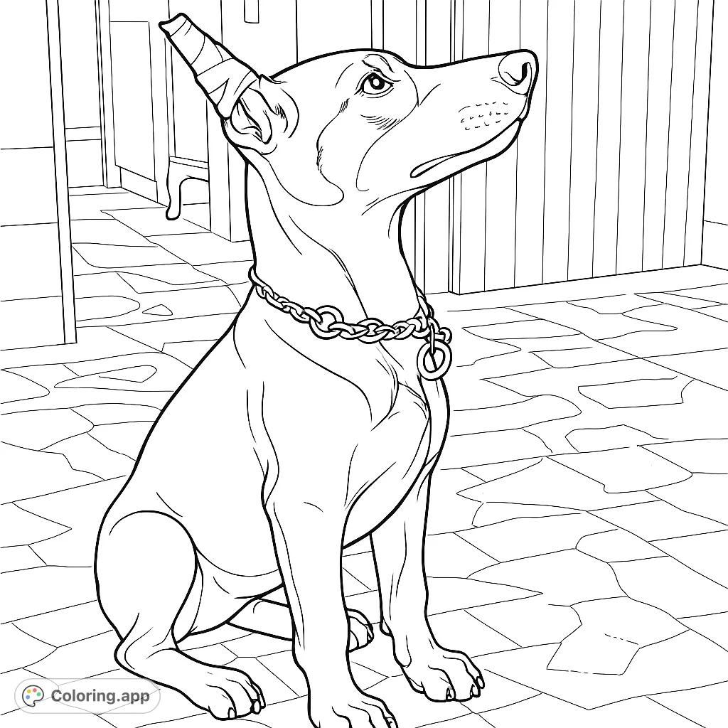A charming Doberman puppy with taped ears and a chain collar, sitting attentively. A delightful dog coloring page for all ages.