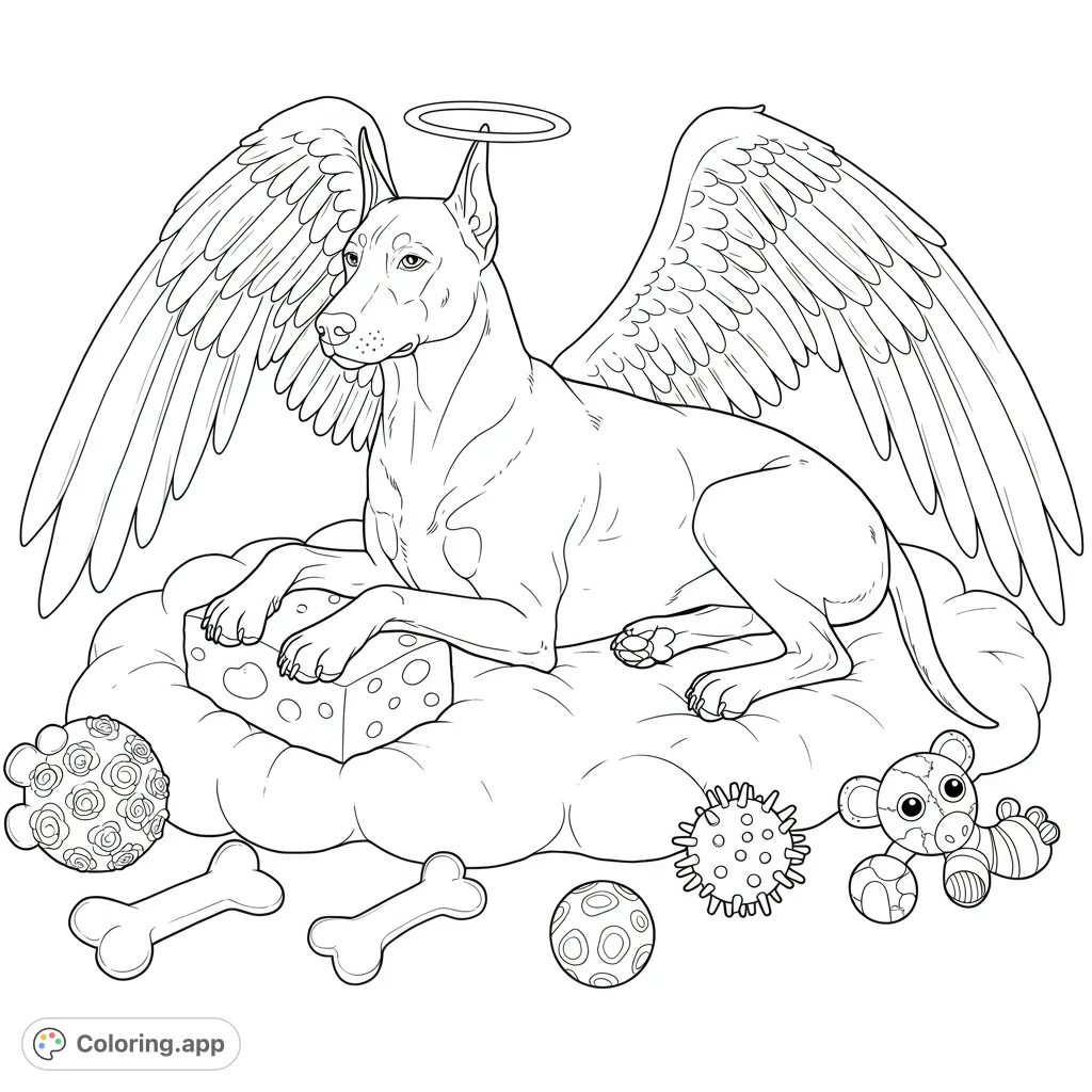 A serene Doberman angel with feathered wings and a halo rests on a cloud, surrounded by playful squeaky toys and a block of cheese. A whimsical pet-themed coloring page.