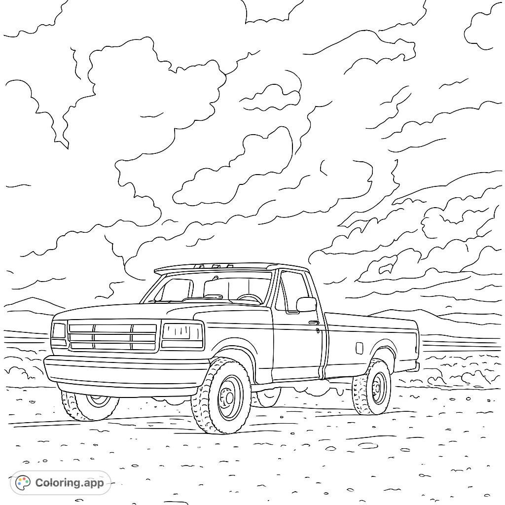 Color a classic pickup truck parked on a rugged landscape under a dramatic sky. Perfect for vehicle enthusiasts and nature lovers.