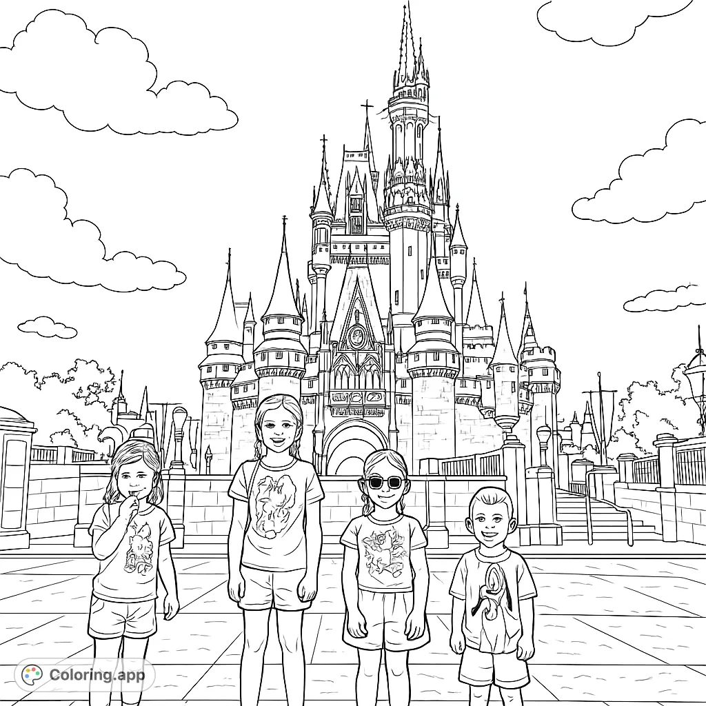 A magical castle scene with four children, perfect for a whimsical coloring adventure. Explore intricate details and bring this fairytale setting to life!