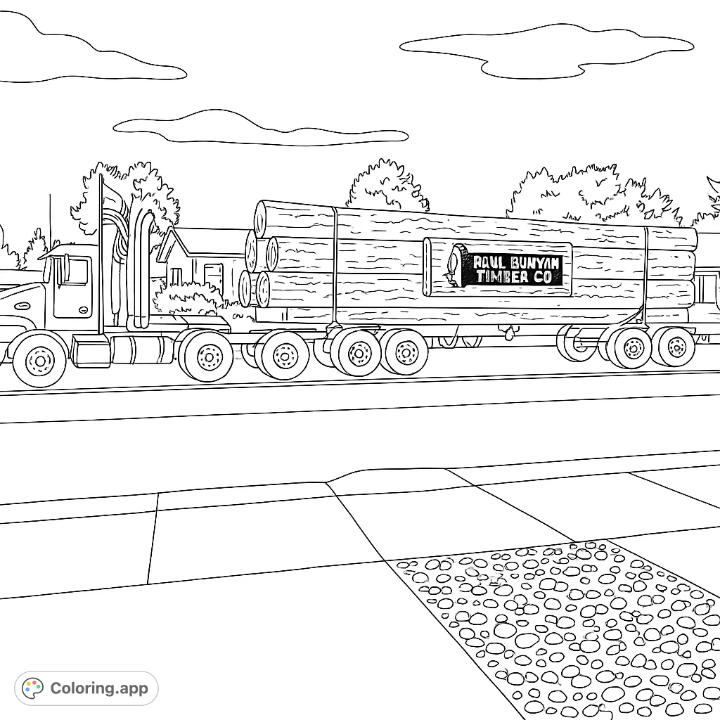 A detailed logging truck coloring page featuring a large semi-truck hauling massive tree logs through a residential street, perfect for transport enthusiasts.