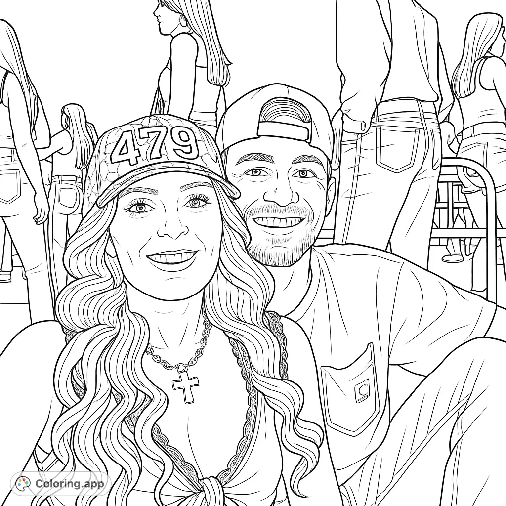 Capture the joy of a happy couple at an outdoor event. This free printable coloring page features a smiling duo, perfect for personalizing with your favorite shades.