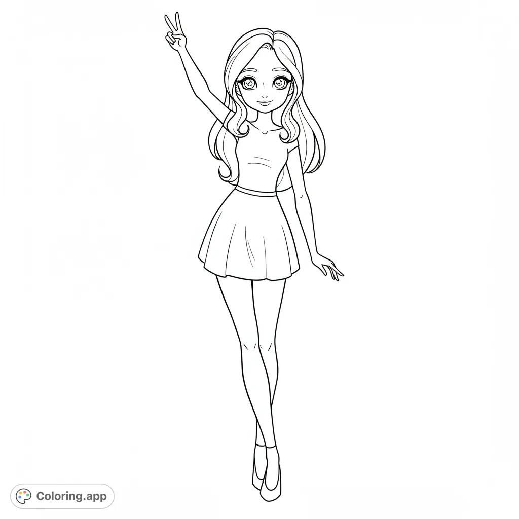 Color a classic fashion doll striking a peace sign. Perfect for fans of iconic characters, this free printable page offers simple shapes and fun details.