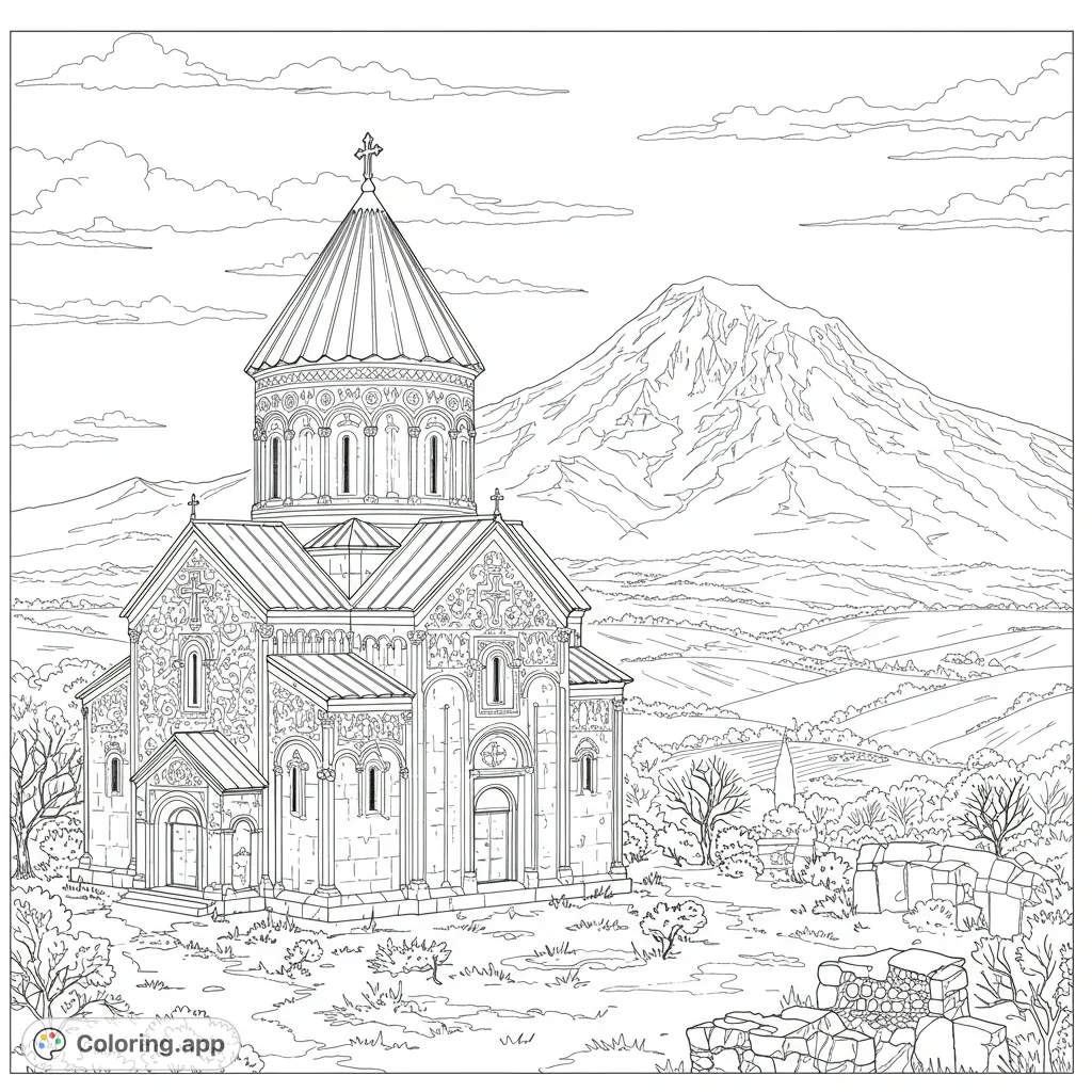 Explore a detailed Armenia coloring page featuring an ancient Armenian church in the foreground and the majestic, snow-capped Ararat mountains.