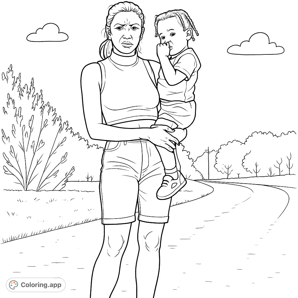 A heartwarming scene of a mother holding her child outdoors, perfect for a family-themed coloring page.
