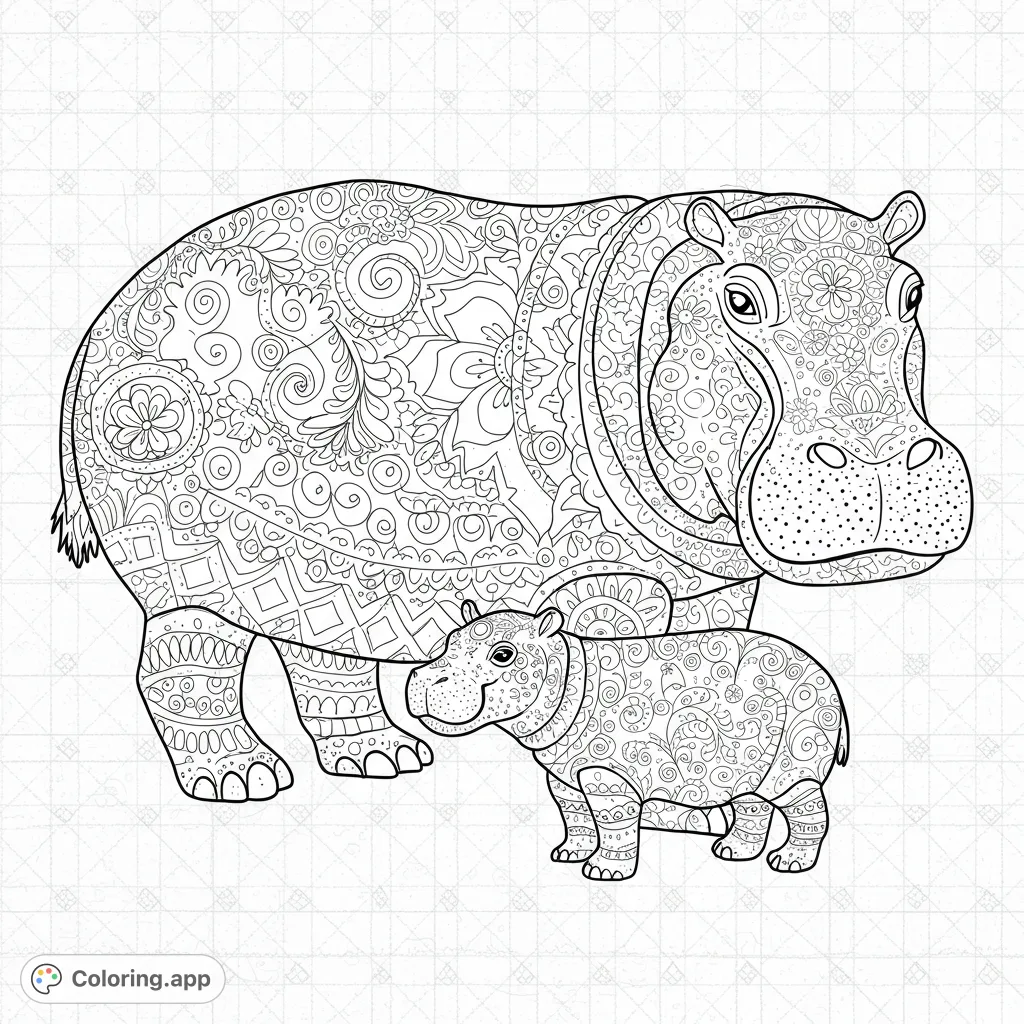 A charming dala patterned mother and baby hippo duo, set against a classic plaid background, offering a unique and intricate coloring experience.