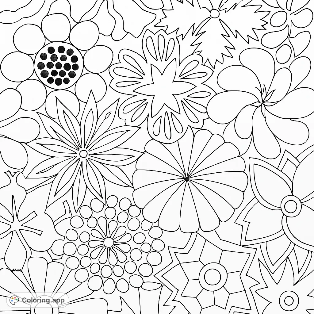 Immerse yourself in a vibrant floral tapestry coloring page, featuring an intricate array of stylized blossoms and organic patterns for creative expression.