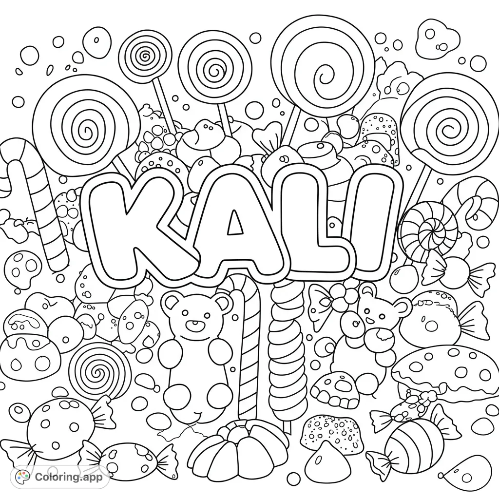 A delightful candy-themed coloring page featuring the name "Kali" in bubble letters, surrounded by oversized lollipops, gummy bears, and swirling candy canes.