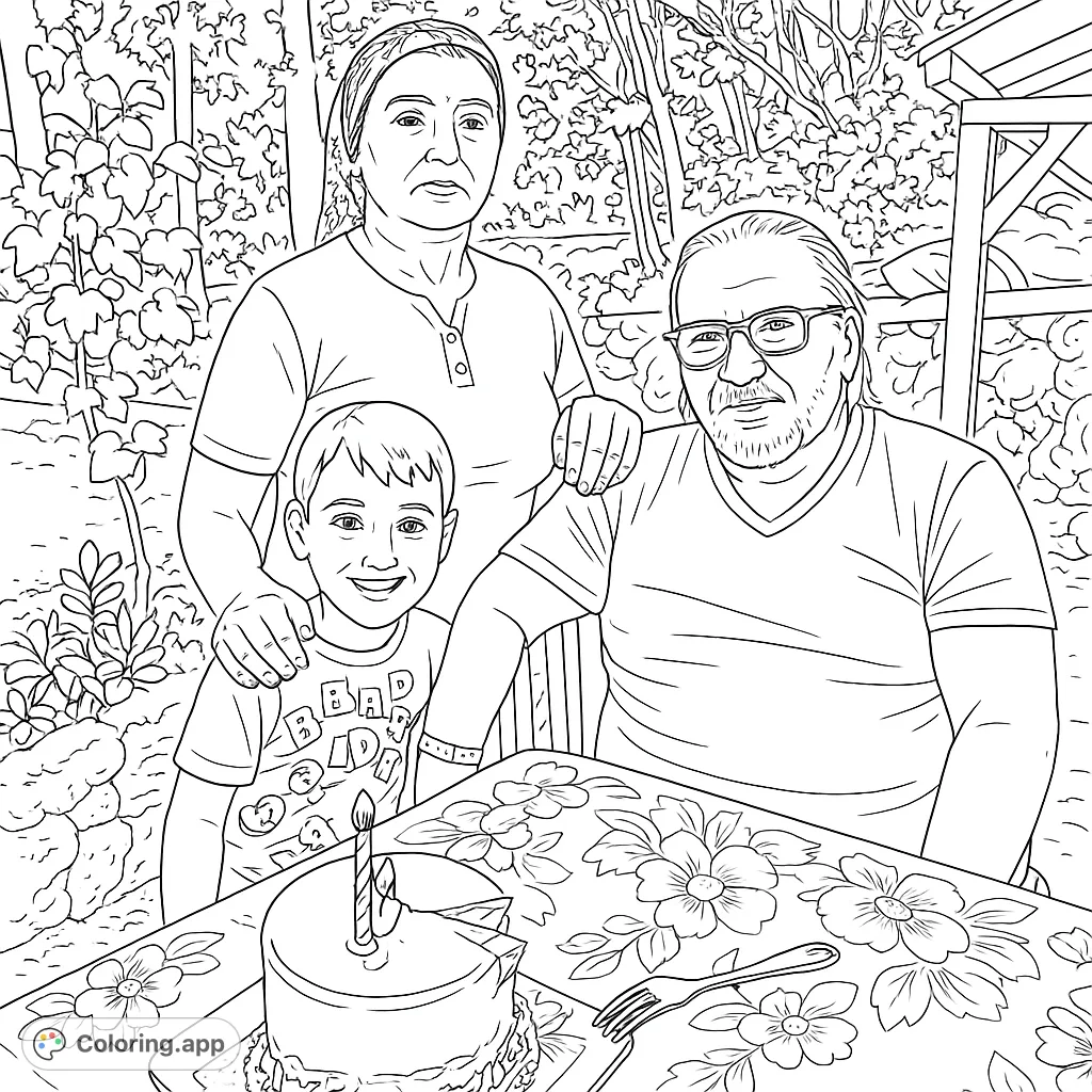 A heartwarming family birthday scene with three generations gathered around a cake outdoors, perfect for a free printable coloring page.