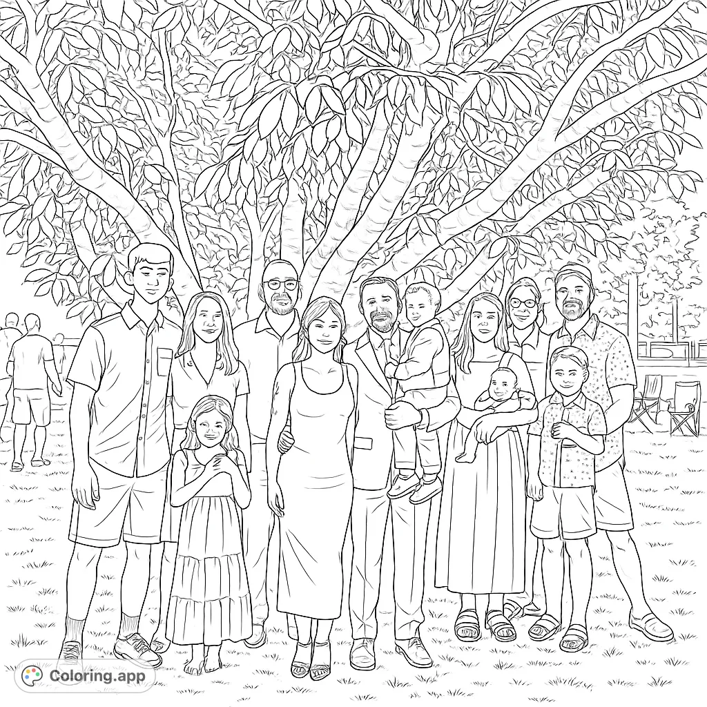 A heartwarming family portrait under a grand, leafy tree, perfect for personalizing with your favorite colors. A free printable family coloring page.
