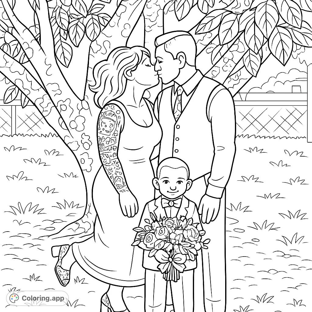 Capture a heartwarming family moment with this cartoony coloring page. A loving couple kisses under a tree, while their child holds a bouquet. Perfect for all ages!