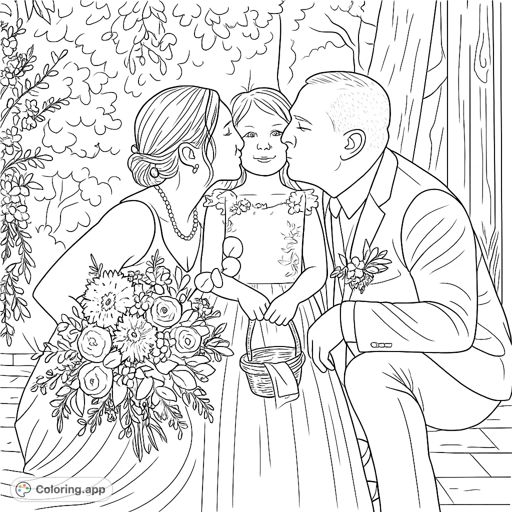 A tender family wedding portrait featuring a bride and groom kissing their flower girl, surrounded by lush foliage and beautiful floral details.