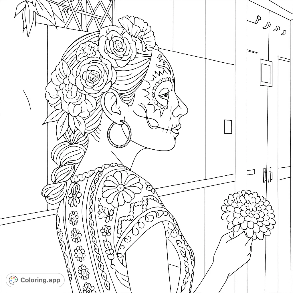 An elegant Catrina figure adorned with a vibrant floral crown and intricate face paint, holding a flower. Perfect for cultural celebration coloring.
