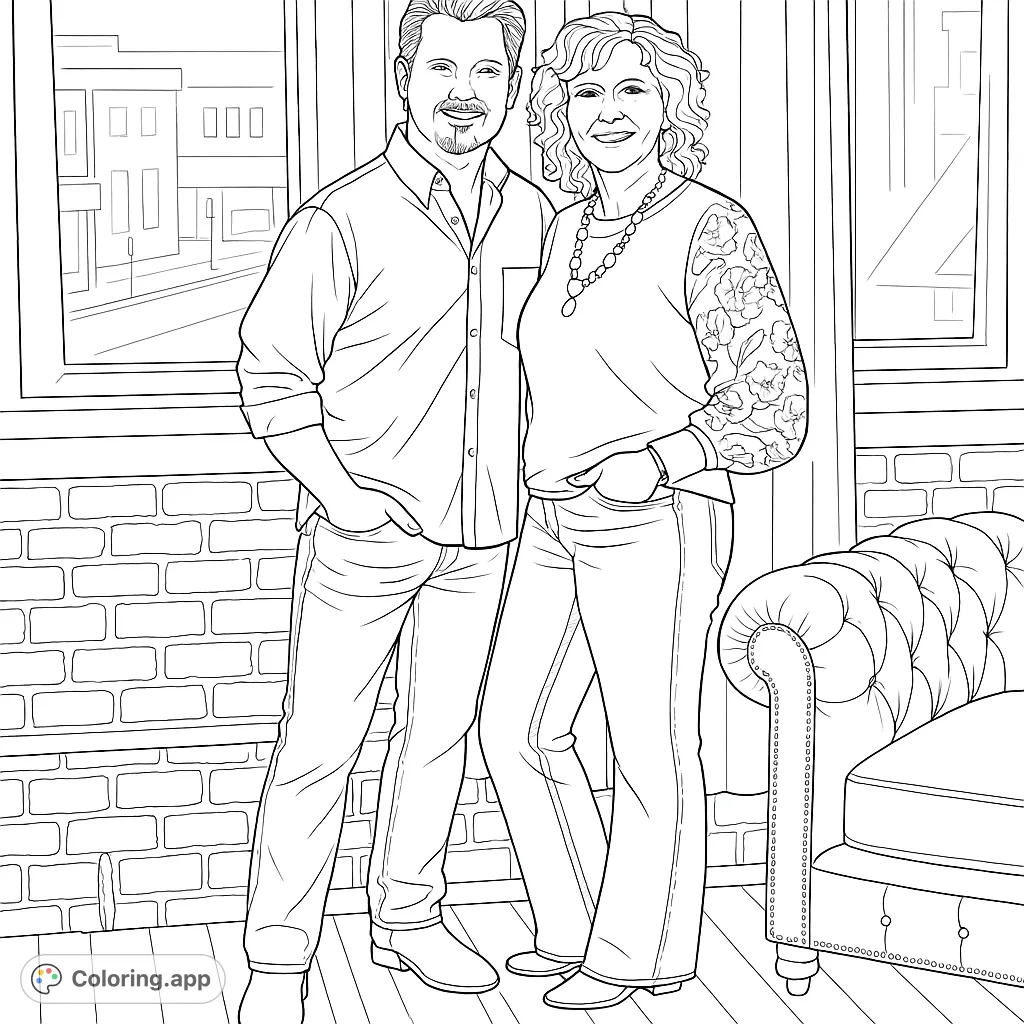 A charming portrait of a couple standing in a stylish urban loft, featuring detailed clothing, a brick wall, and a tufted sofa. Perfect for personalizing.