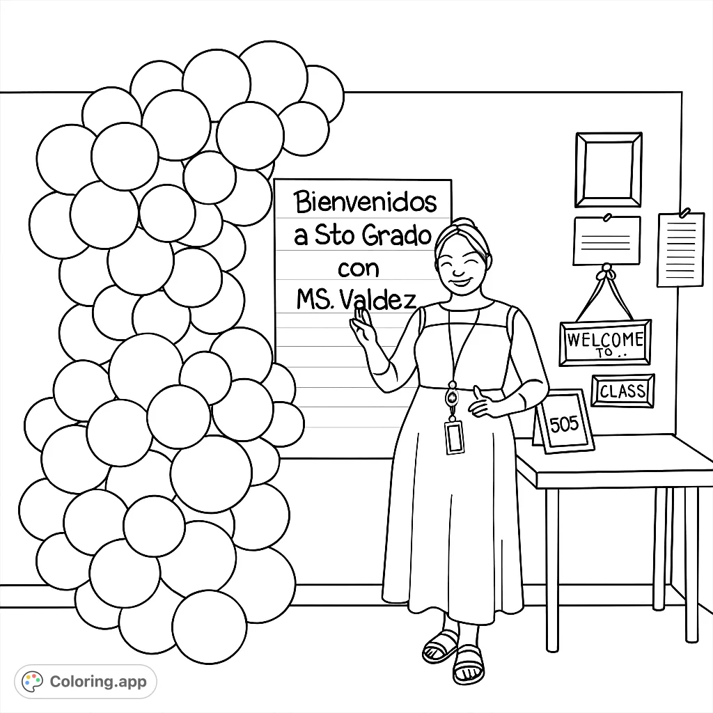 A welcoming classroom scene with a smiling teacher and festive balloon decorations, perfect for a back-to-school coloring page.