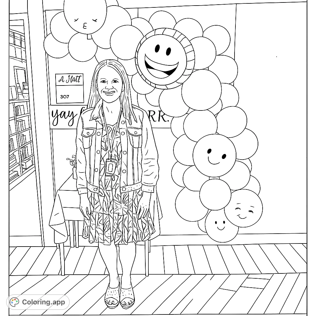 A cheerful woman stands beside a vibrant balloon arch with a smiley face, perfect for a festive celebration coloring page.