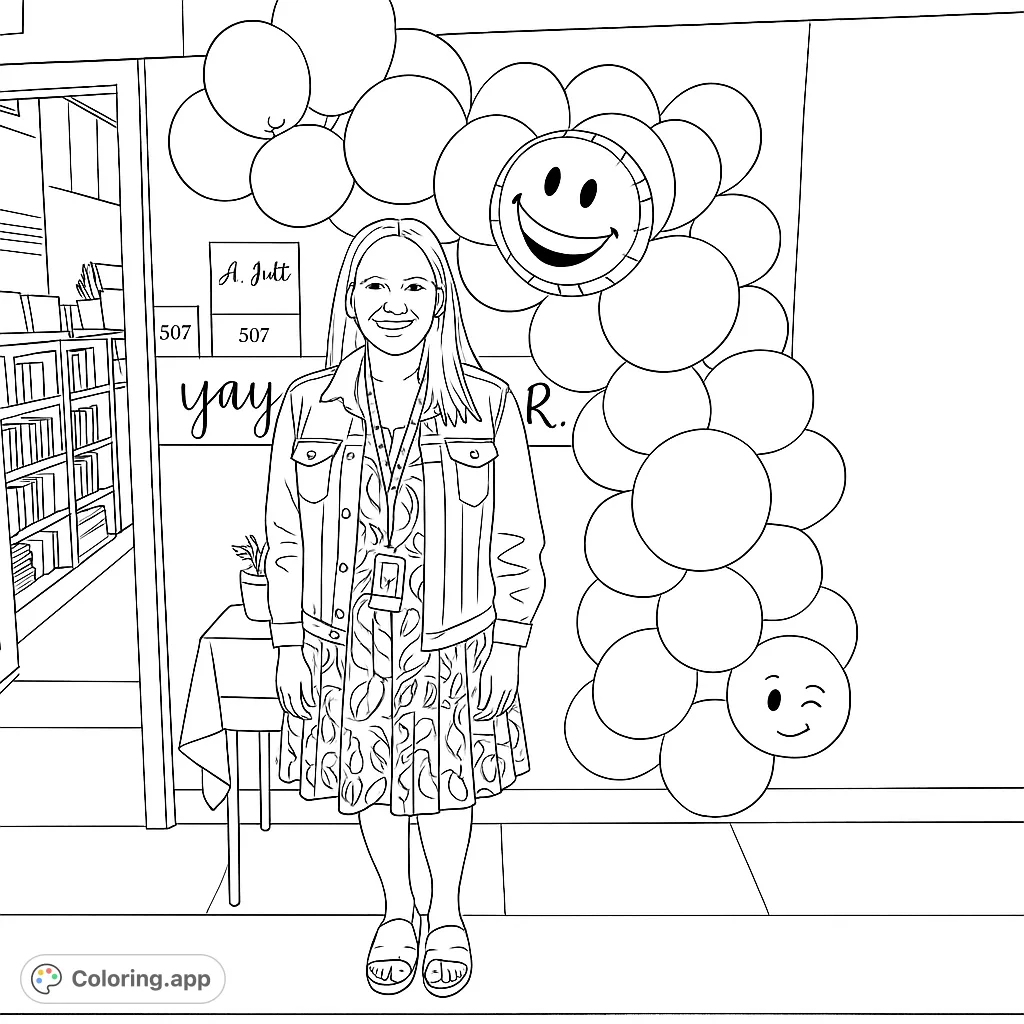 A cheerful woman stands beside a vibrant balloon arch, ready for a celebration. Perfect for adding your own festive flair to this free printable coloring page.