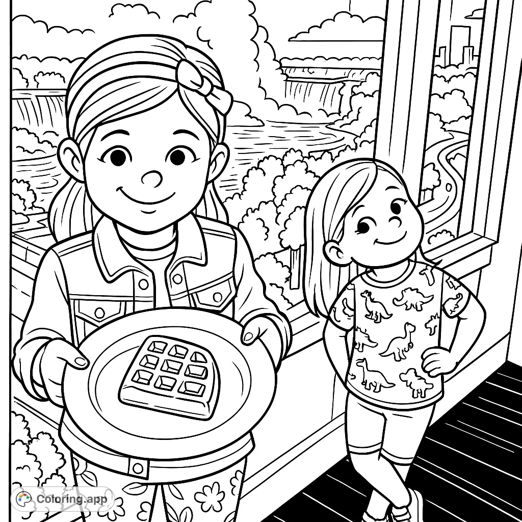 Two happy girls enjoy a waffle with a stunning waterfall view. A delightful scene for a cartoony coloring page, perfect for kids and families.