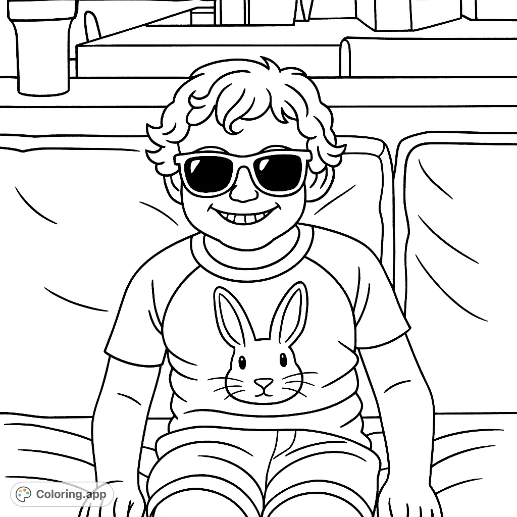 A fun and simple coloring page featuring a cool kid in sunglasses and a cute bunny shirt, perfect for young artists to express their creativity.