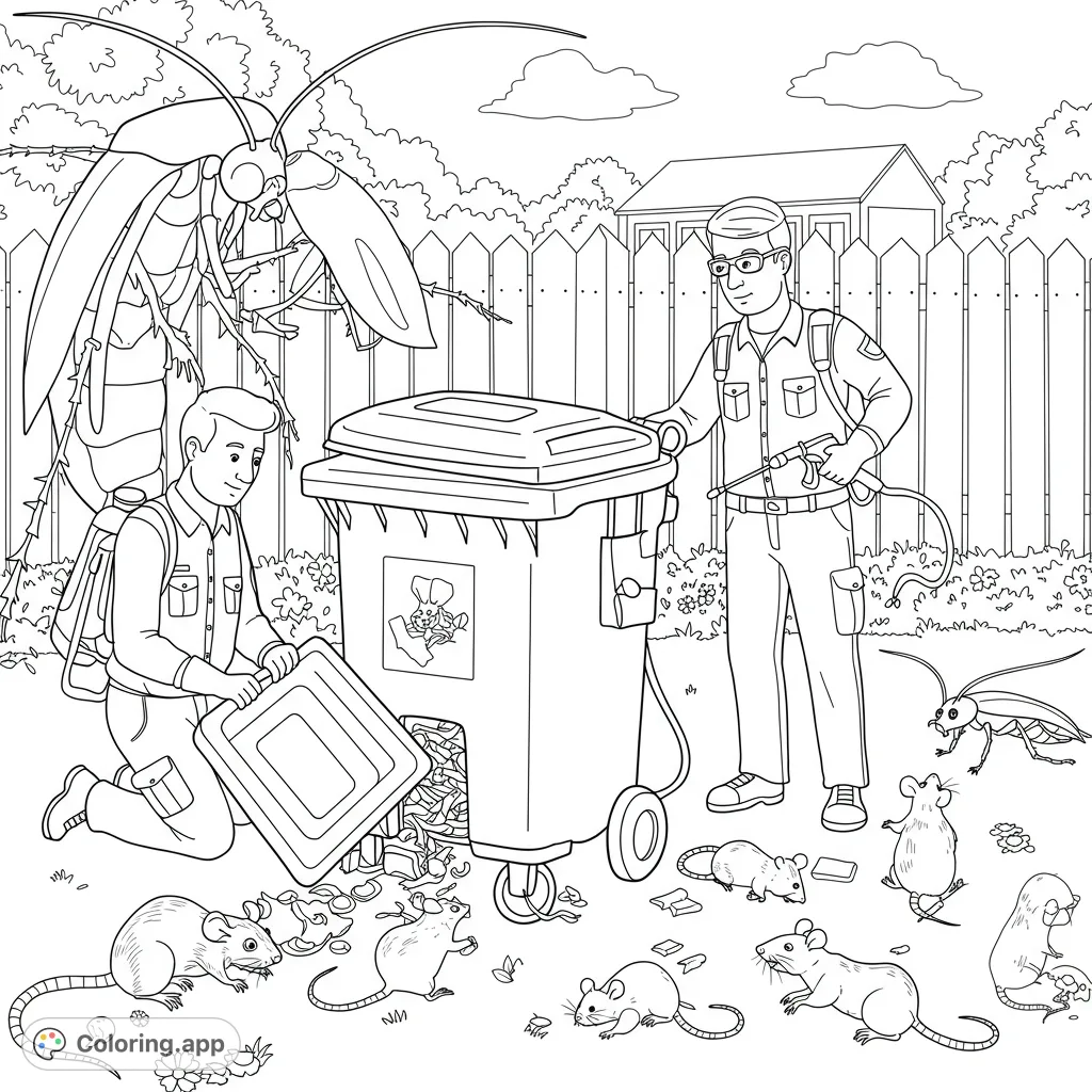 A detailed pest control experts coloring page featuring city rats and a giant cockroach in a schoolyard by a bin. Free printable for unique coloring fun.
