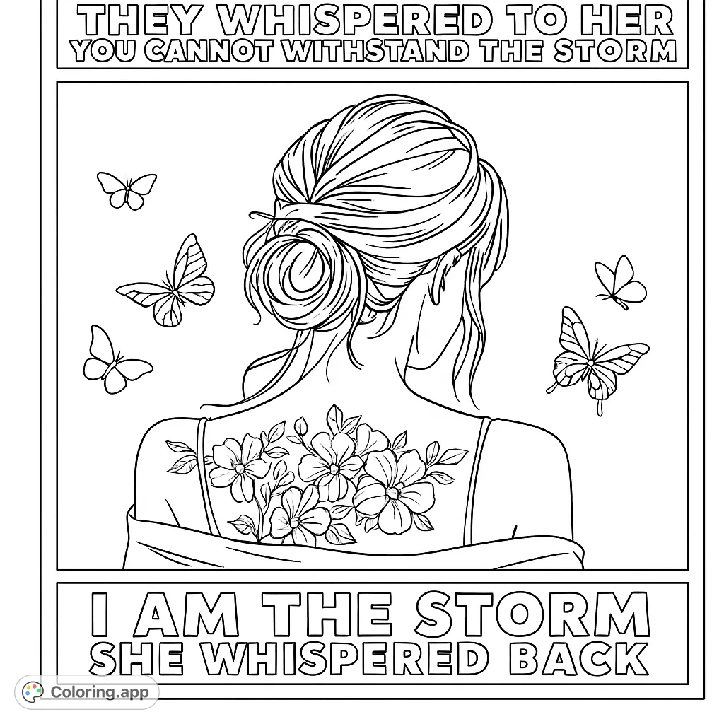 An empowering coloring page featuring a woman with an intricate floral back tattoo and graceful butterflies, symbolizing strength and beauty.