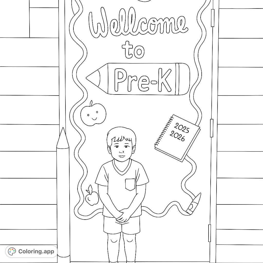A child stands before a decorated Pre-K door with school supplies. Perfect for back-to-school fun and celebrating new beginnings!