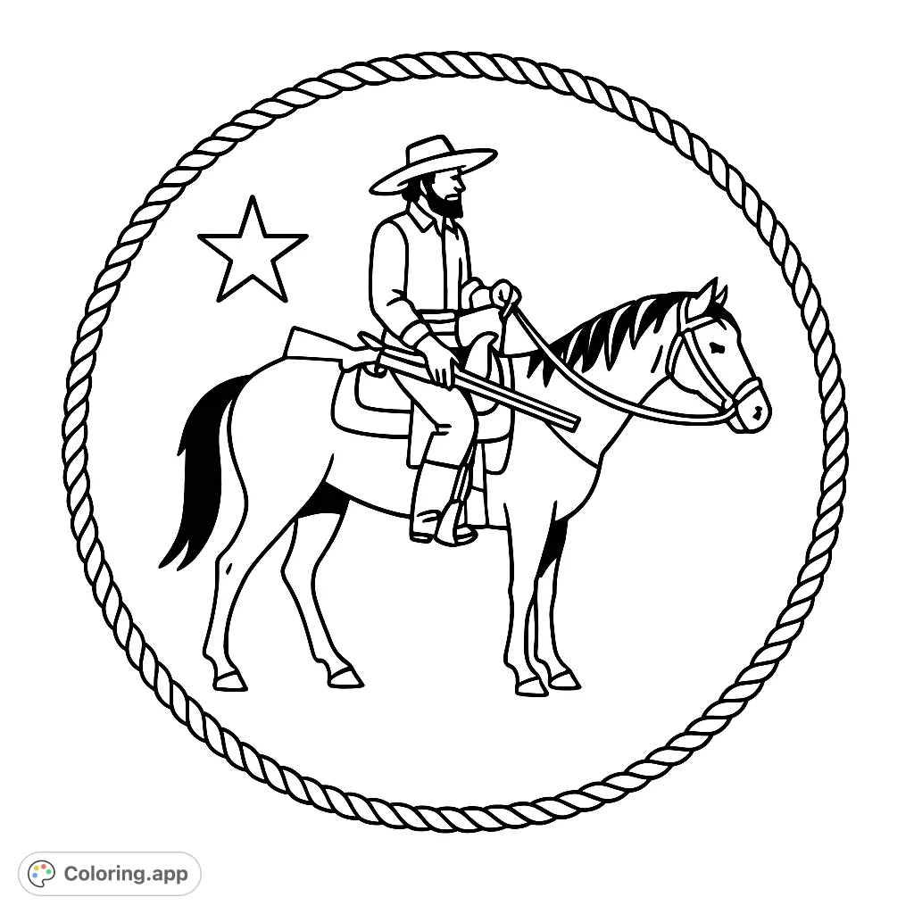 Saddle up for adventure! This Western cowboy and horse coloring page features a classic frontier scene, perfect for all ages.