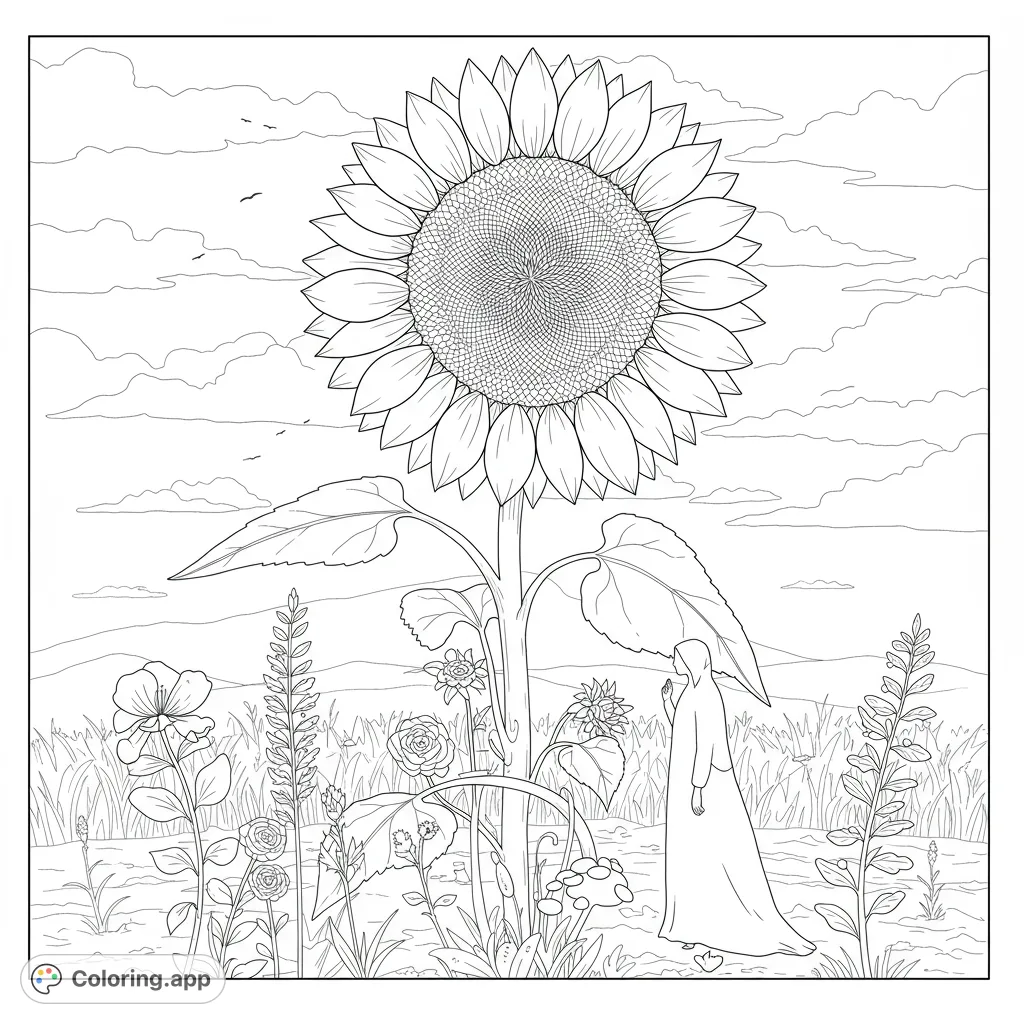 A towering sunflower with intricate petals reaches for the sky, symbolizing growth and support. A beautiful, free printable sunflower coloring page.
