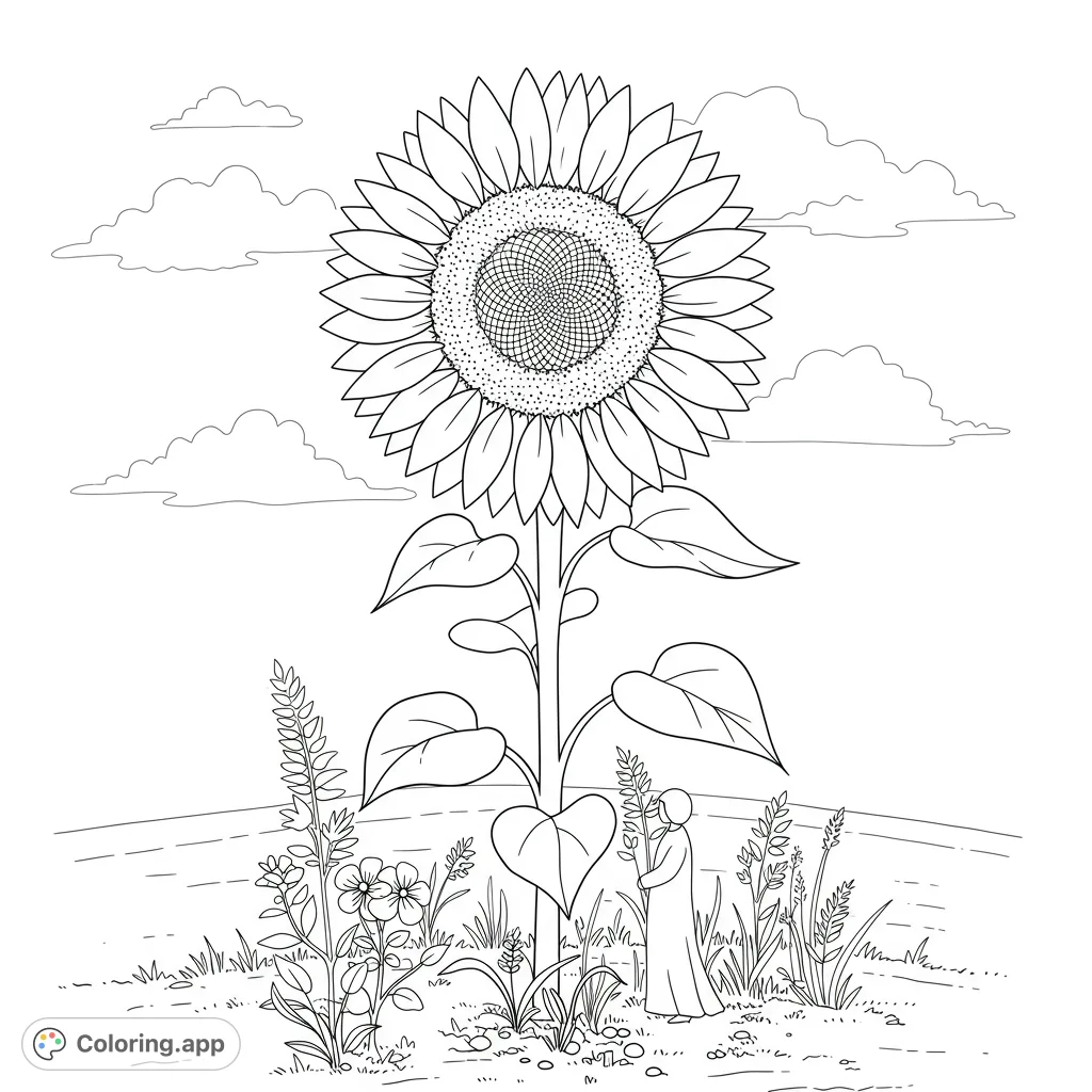 A towering sunflower with intricate petals reaches for the sky, symbolizing growth and support. A beautiful, free printable sunflower coloring page.