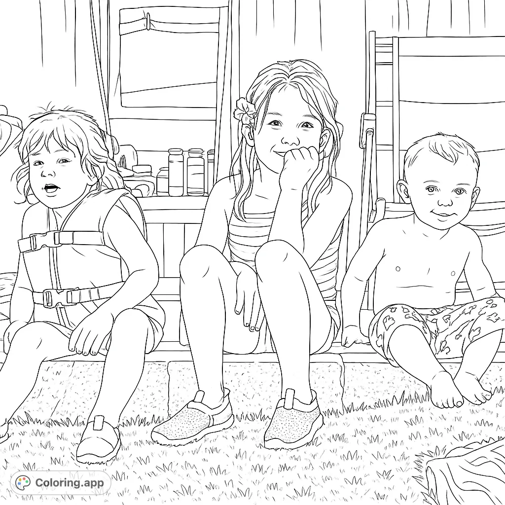 A delightful summer scene featuring three cheerful children sitting on a stone ledge, ready for a fun day by the pool. Perfect for young artists!