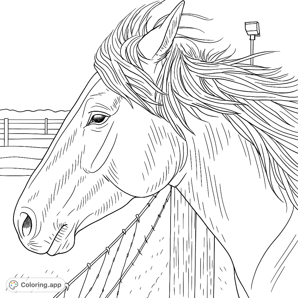 Capture the majestic beauty of a horse in profile, featuring a windswept mane and a detailed fence. Perfect for animal lovers and aspiring artists.