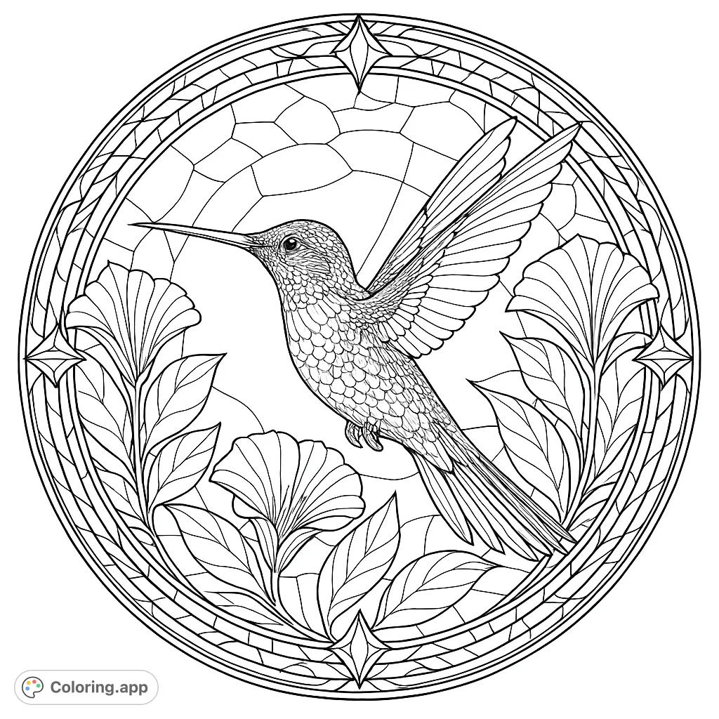 A stunning hummingbird in a detailed stained glass design. Perfect for nature lovers and art enthusiasts seeking a realistic yet stylized coloring challenge.