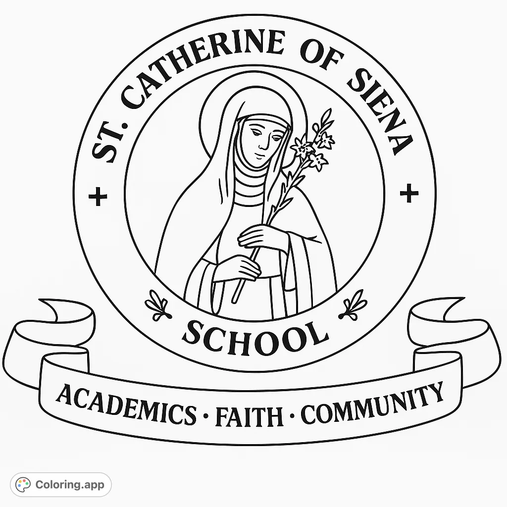 Color a detailed school emblem featuring a robed figure, school name, and a flowing banner with "Academics, Faith, Community." Perfect for school pride.