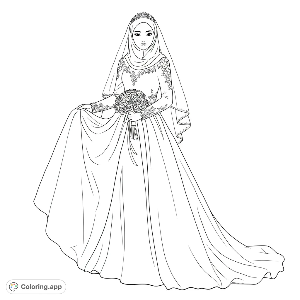 An elegant hijab bride holds her wedding dress, featuring intricate details and flowing fabric. Perfect for a serene and beautiful coloring experience.