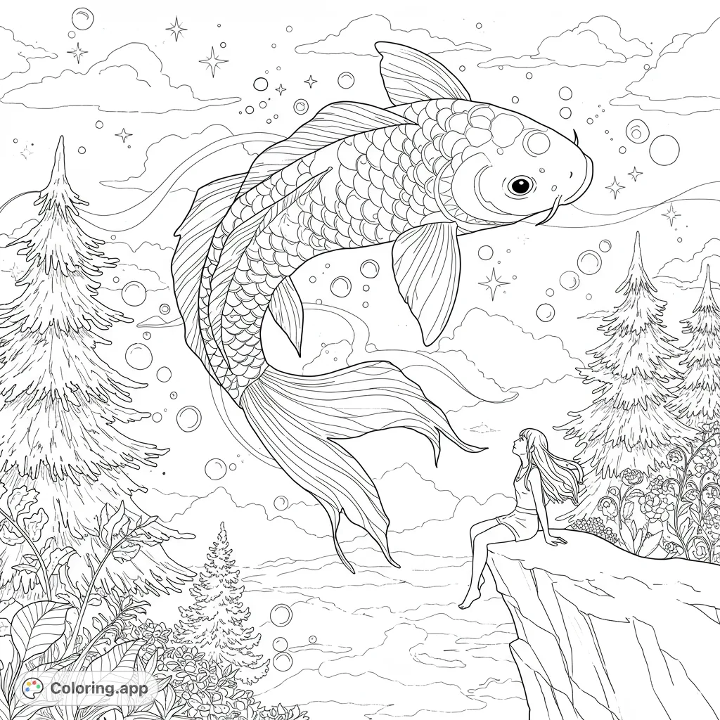 A highly detailed fantasy coloring page featuring a girl on a cliff gazing at a mystical galaxy koi fish amidst stars, swirls, and clouds.