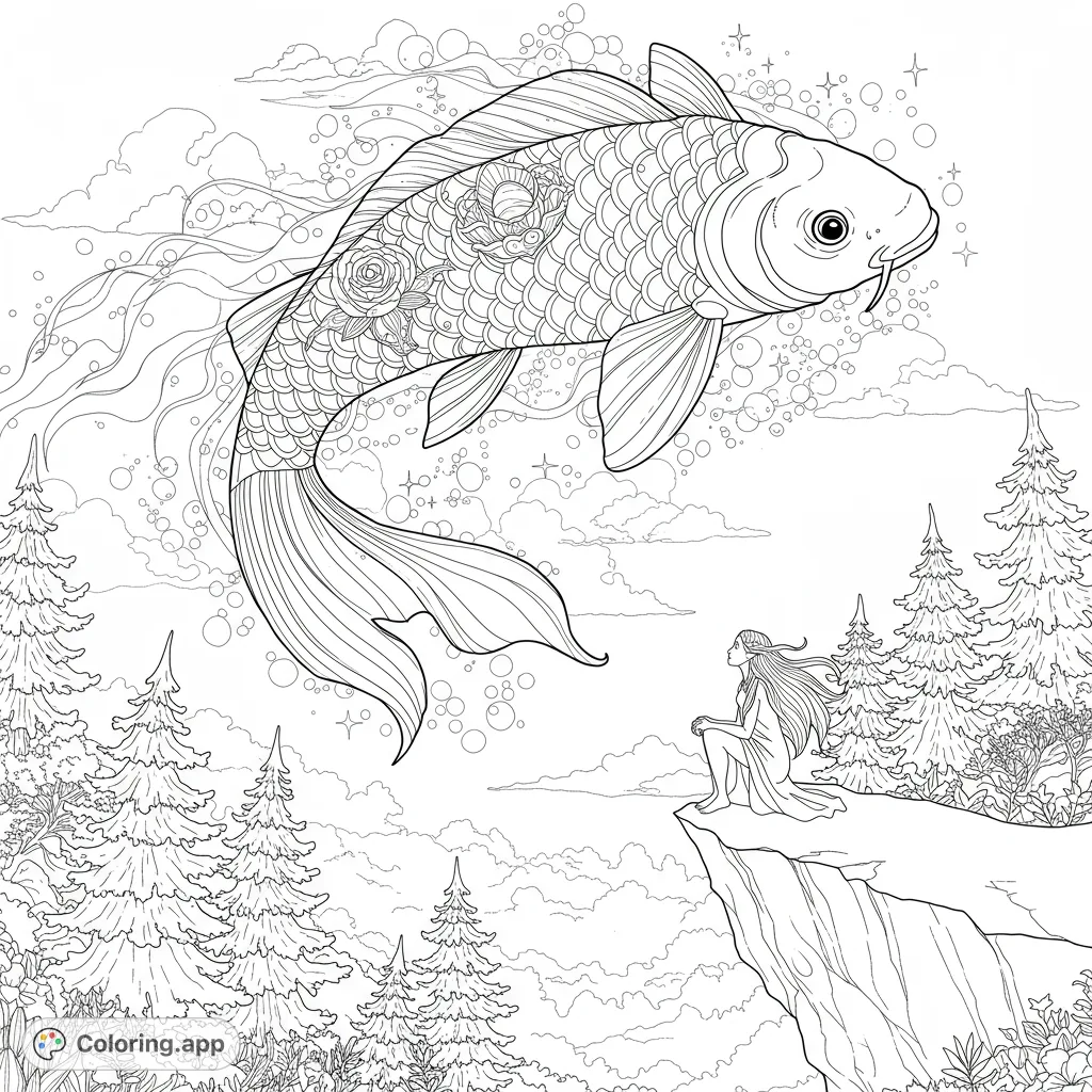 A mystical galaxy koi fish swims through a star-filled sky above a girl on a cliff, surrounded by fir trees. A detailed fantasy coloring page.